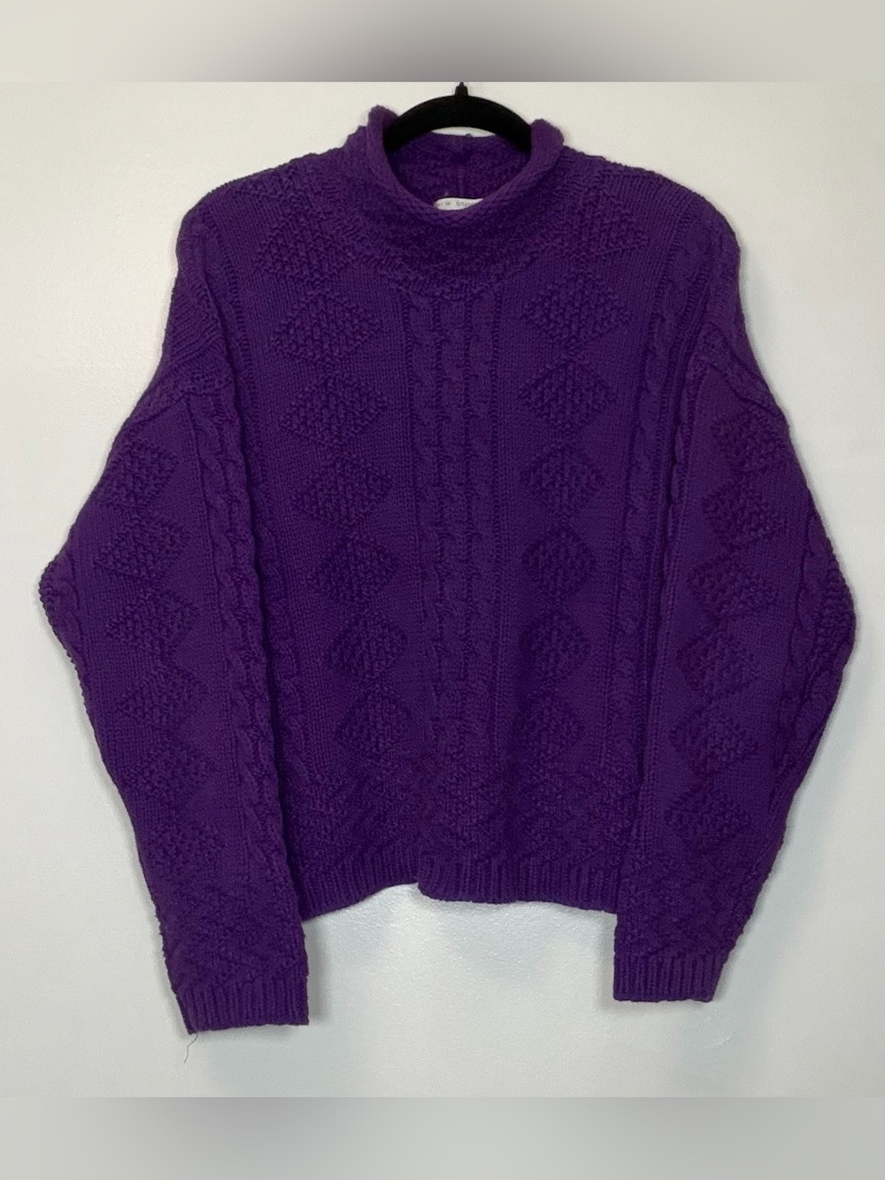 Vintage 90s Purple Cable Knit Mock Neck Women's Sweater